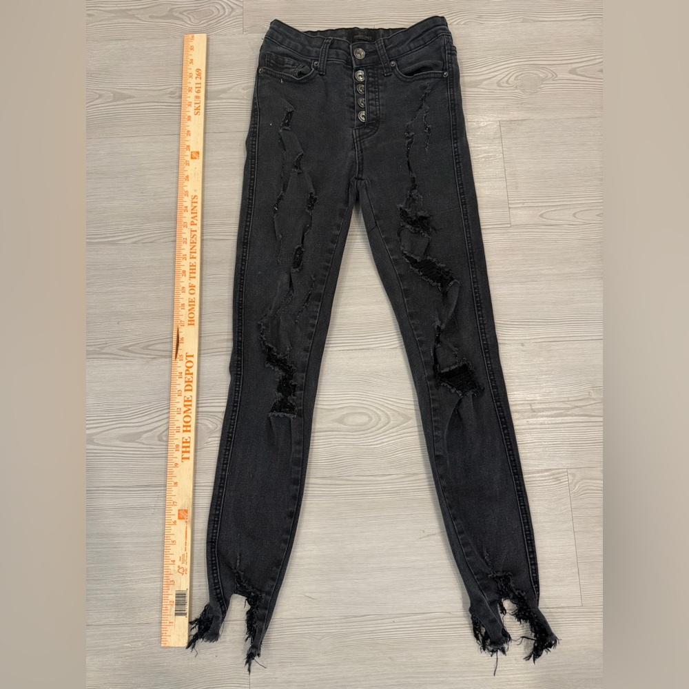 Black Distressed Jeans - Button Fly juniors